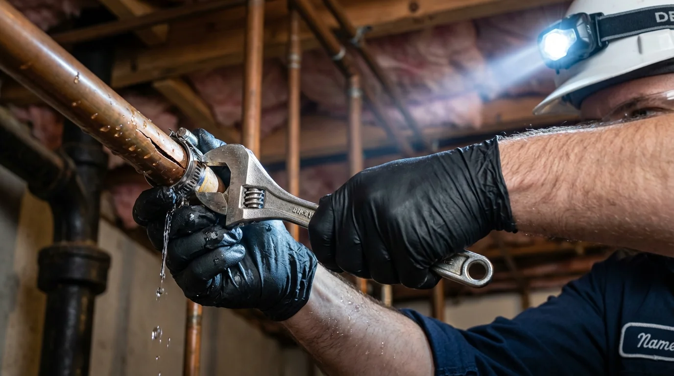 Emergency pipe clamp repair being performed by a Johns Plumbing LLC plumber in Ozona