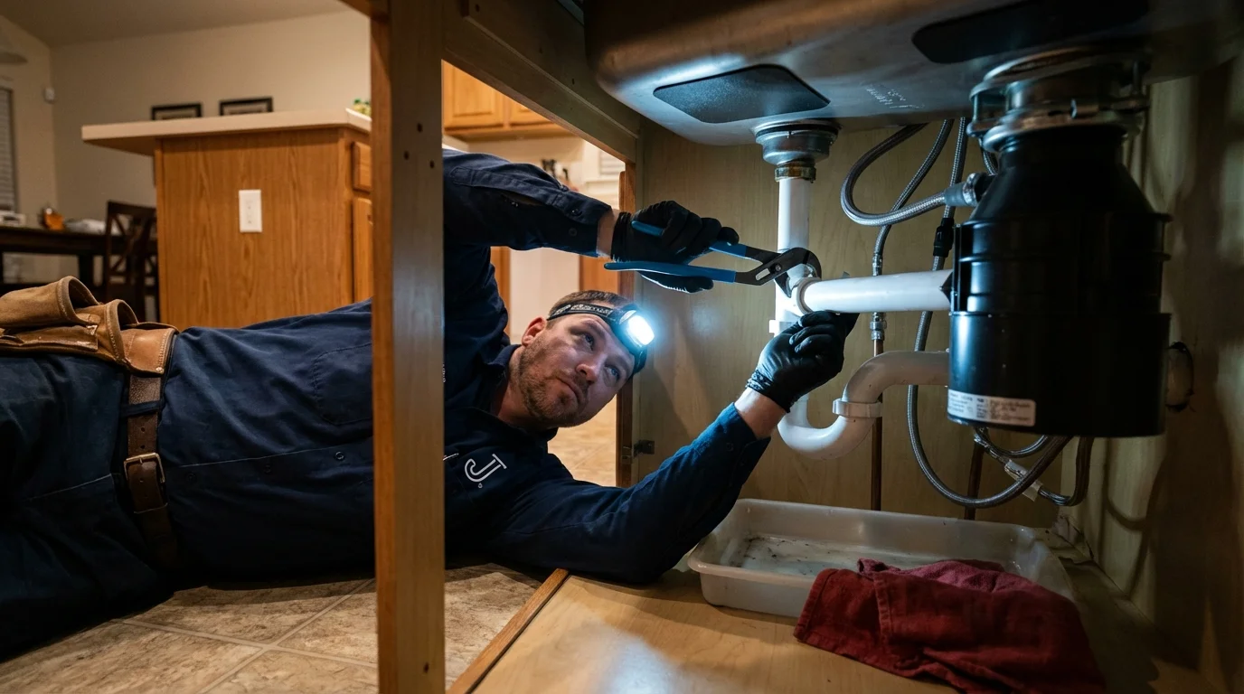 P-trap and supply line connections under a kitchen sink showing a common leak point in Ozona, TX